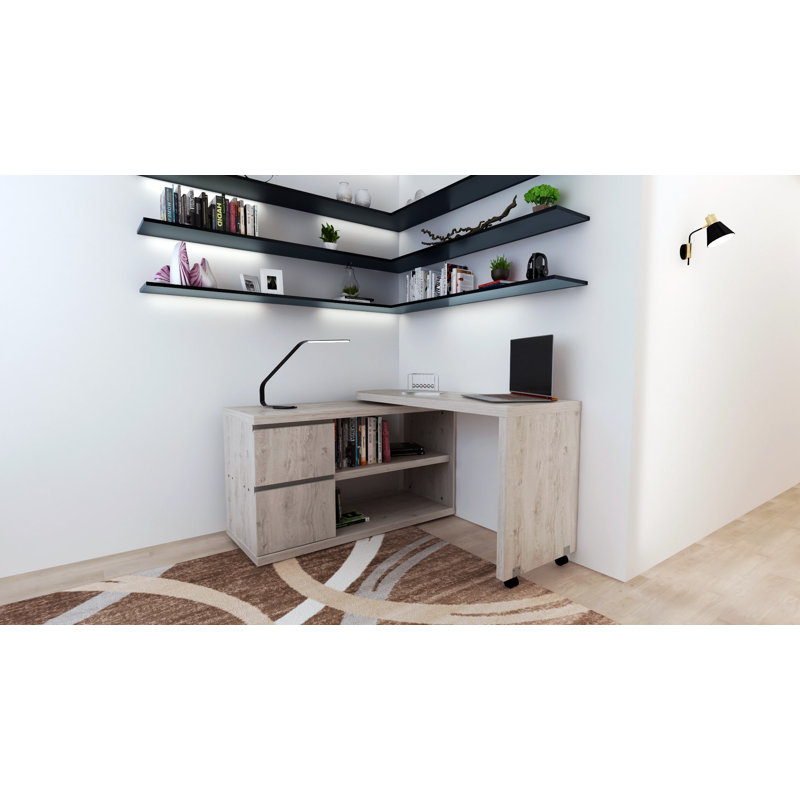 Qichen L-Shape Computer Desk, Grey/Oak