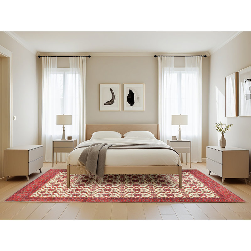 Tapis en laine rouge / beige, Rectangle 5 pi x 8 pi