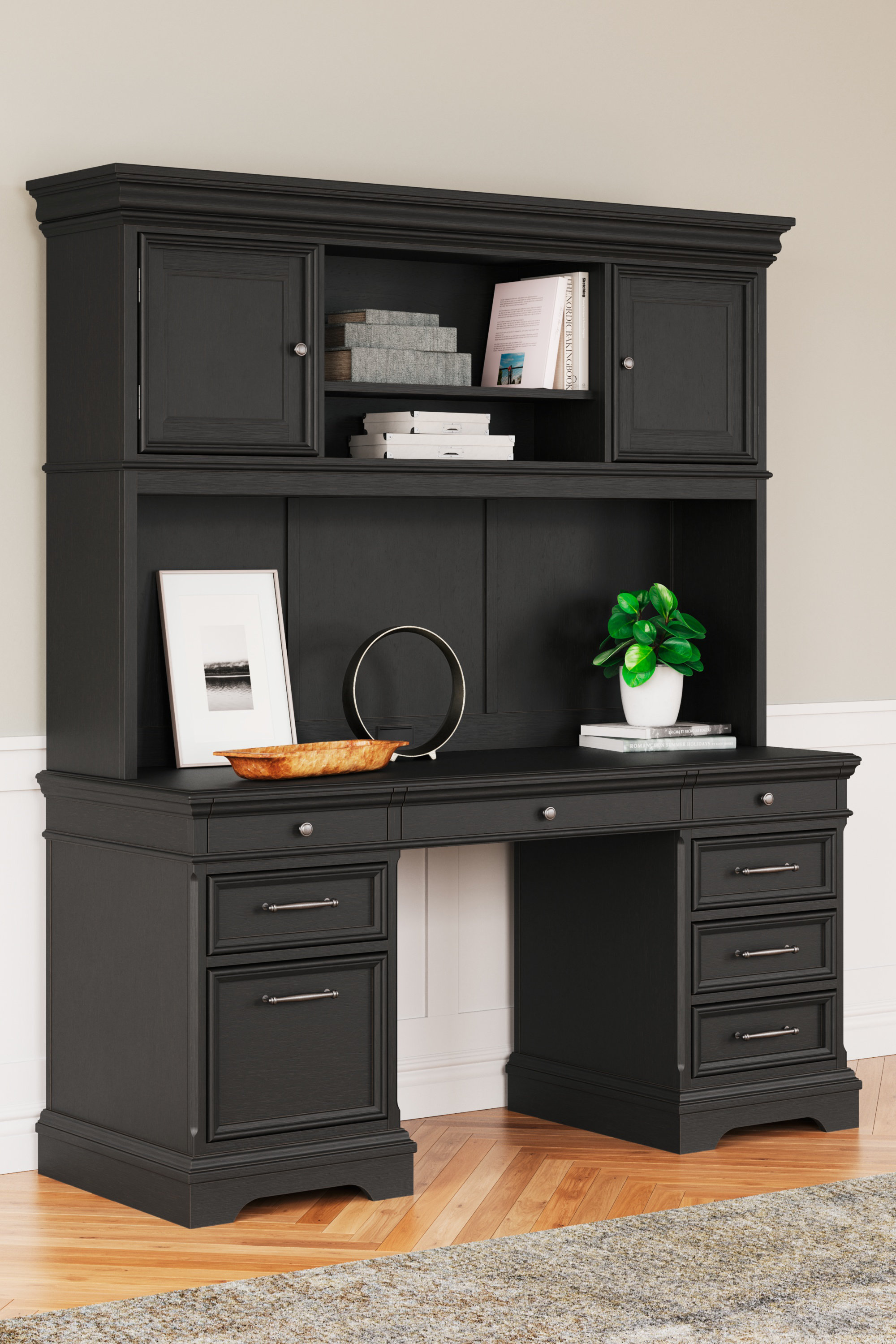 The Janismore Weathered Gray Desk With 2 Bookcase Wall Units is