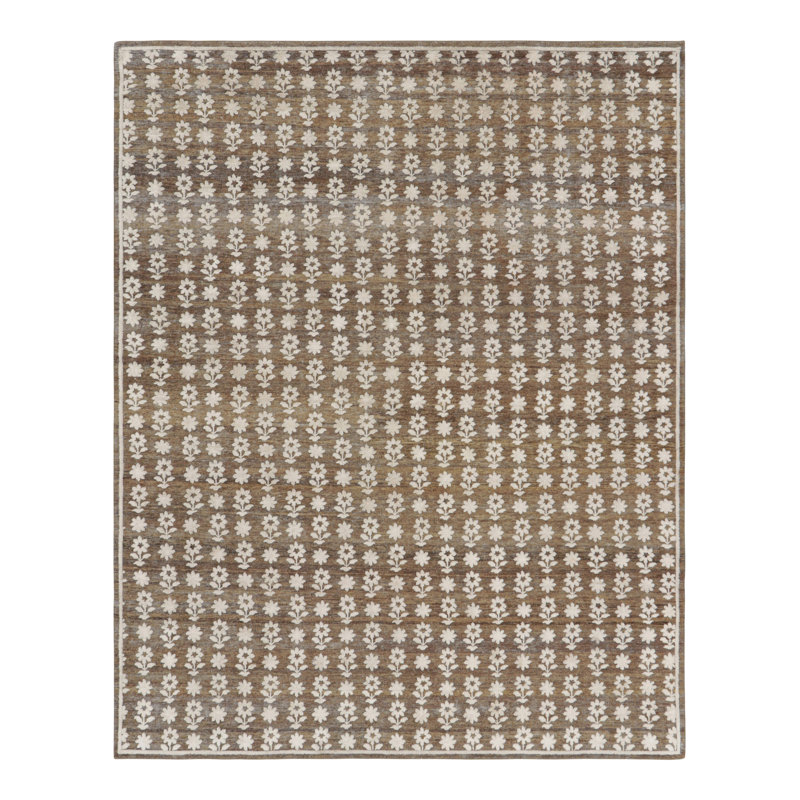 Rug & Kilim’S Modern Block Print Rug In Brown With White Floral Patterns, Rectangle 8' x 10'