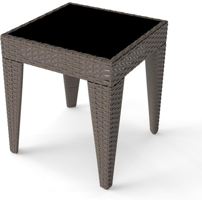 Outdoor Furniture Patio Table Wicker Coffee Table, Square End Table Tempered Glass Top With Storage, Sesame Color
