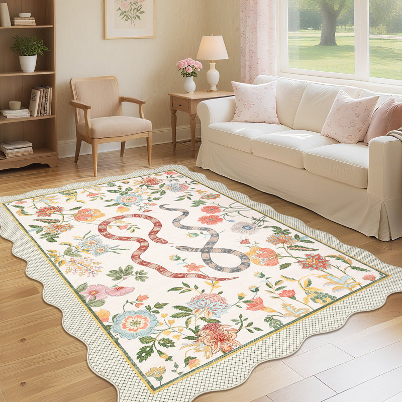 Tapis festonné moderne antidérapant Farmhouse Floral, Rectangle 9 pi x 12 pi