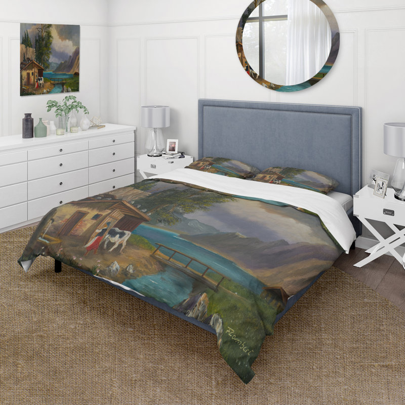 Femme apportant la vache dans l'écurie à un lac - Ensemble de housse de couette Farmhouse - Microfibre de polyester