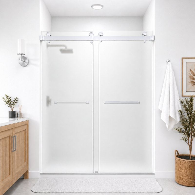 Porte de douche coulissante double sans cadre Catalyst 50"-55" L x 76" H, chromée, avec verre dépoli de 3/8" (10 mm).