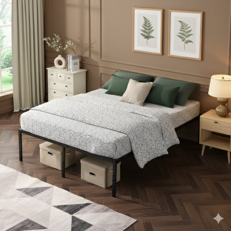 Black Full-Size Heavy-Duty Metal Bed Frame, Quick And Easy Assembly, Silent Operation