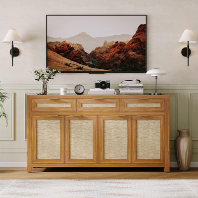 63 Sideboard Buffet Cabinet Rattan Coffee Bar Cabinet with 3 Drawers Wooden Media Console Table oak 1 Dark Oak