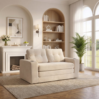 Retro 2-in-1 Convertible Sofa Bed with Cup Holders and Storage, Expandable Floor Couch