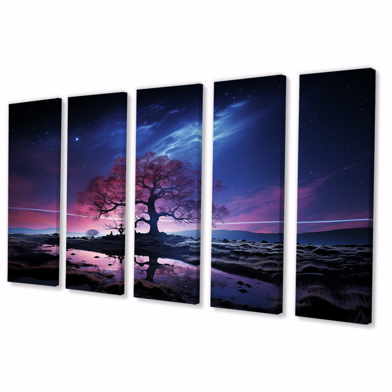 «Blue and Pink Tree In Northern Lights I», art mural 5 pièces, H 32 po x l 80 po