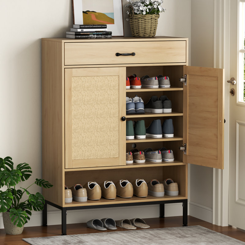 Armoire à chaussures à 5 niveaux en rotin, armoire à chaussures avec portes, armoire de rangement avec tiroir et casier inférieur pour le vestibule