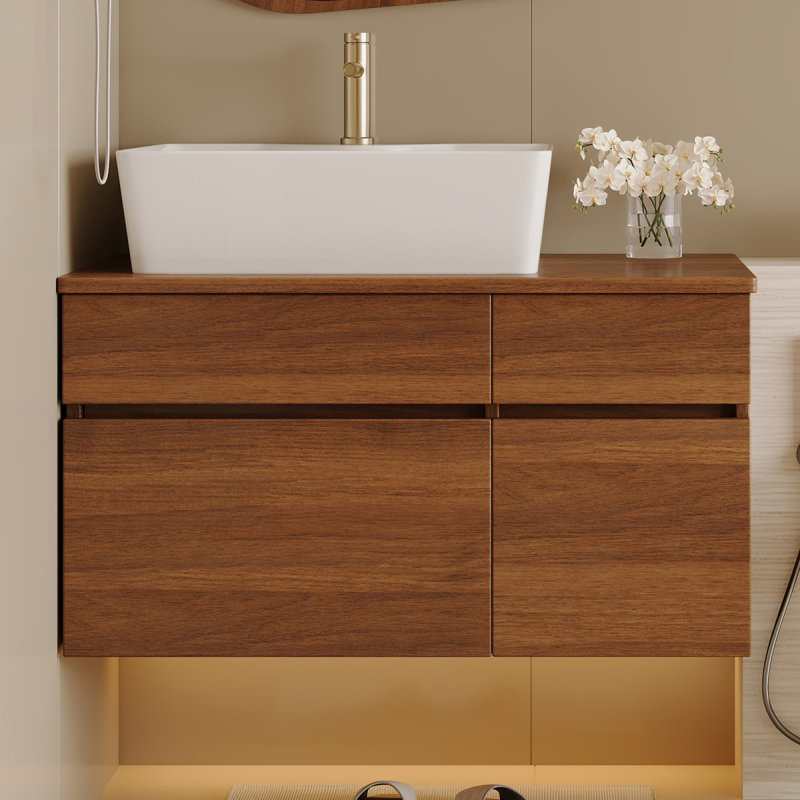 Petit meuble-lavabo flottant simple 31,5 pouces avec lavabo, Noyer