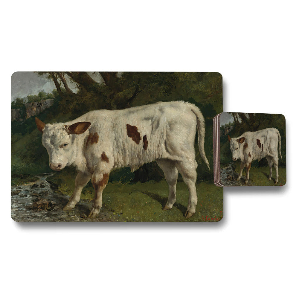 Cow Themed Placemat And Coaster Set With Rustic Landscape Painting