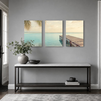 Ensemble de 3 tableaux sur toile représentant un quai de plage, pour la décoration du salon, de la chambre et de la maison.