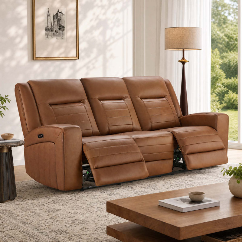 Canapé inclinable électrique en cuir véritable brun clair de 87,4 po avec ports USB Benji, Brun