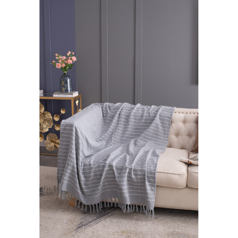 50X60" Gray Striped Decorative Throw Blanket With Tassels And Horizontal Stripes, 2 Pack, Gray