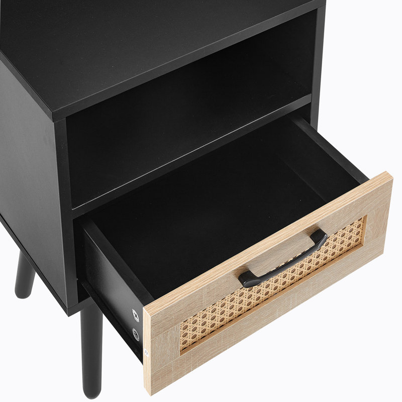 Racie Side Table With Drawer , Modern Nightstand and Solid Wood Legs, Black/Oak