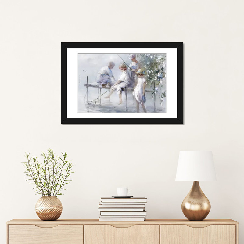 «Fishing Fun», reproduction sur toile, H 18 po x l 26 po x P 1,5 po, Pas de tapis, Papier d'art encadré noir