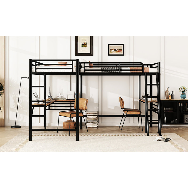 Lit mezzanine simple en métal avec deux bureaux de jeu intégrés, noir - Aménagement de chambre à coucher amusant, pratique et chic
