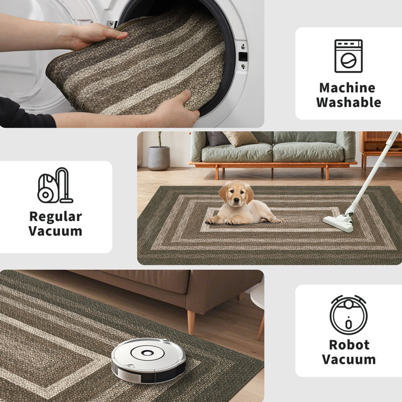Large Machine Washable Rugs Modern Bordered Living Room Rugs Soft Ultra-Thin Braided Print Rugs Non-Slip Non Shedding Stain Resistant Indoor Carpet