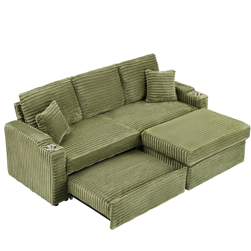 80" Corduroy Multi-Function Sofa with Hidden Reclining, Space Saving Design, Armrests, Cup Holders and Removable Footstool
