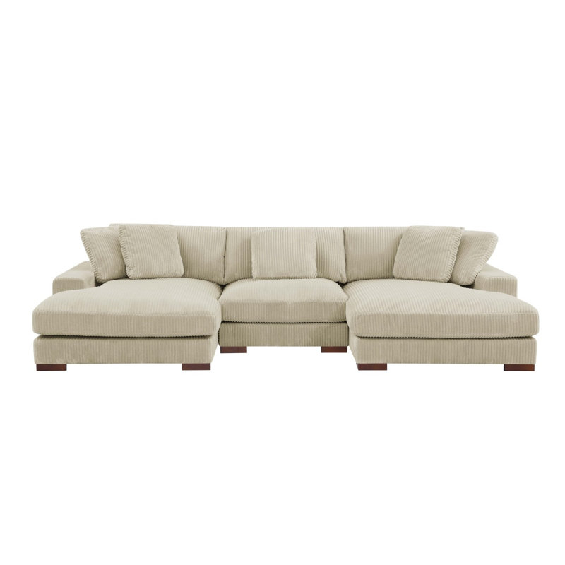 Large Seating Corduroy Upholstered Double Chaise Sectional, Beige