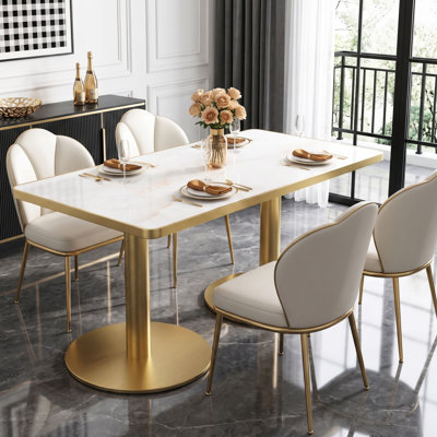 Table de salle à manger moderne de 120 cm (47,2 po) en faux marbre blanc avec double pied central doré, or et blanc