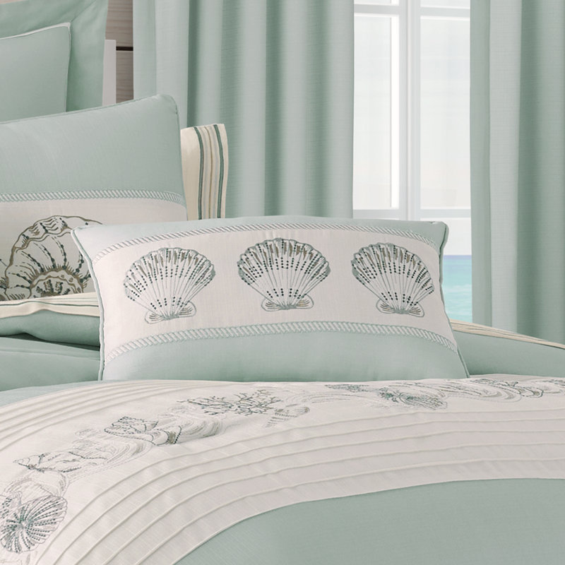 Aqua Nautical Embroidered Rectangle Throw Pillow with Shells