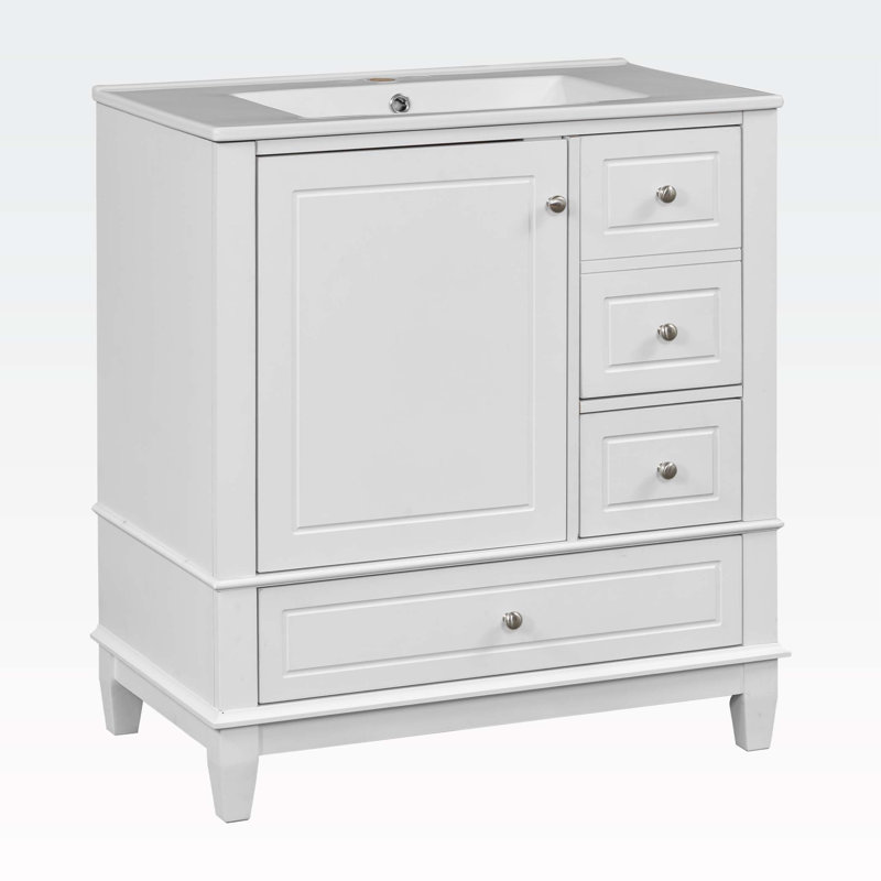 Meuble-lavabo de salle de bain avec lavabo, une porte avec tablette et trois tiroirs, Blanc