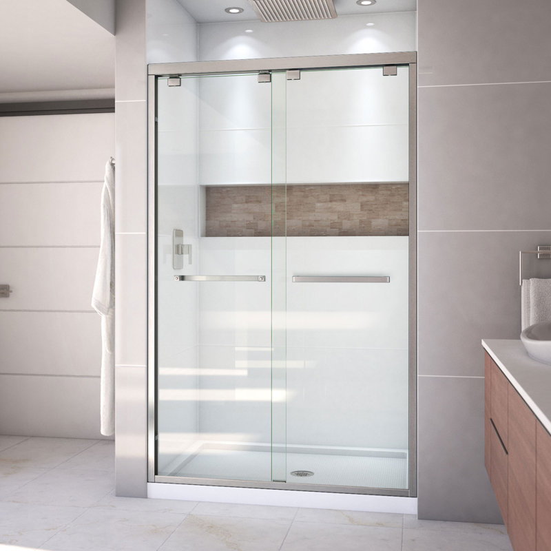 Encore 48" W x 32" D x 78.75" H Semi-Frameless Rectangle Shower Enclosure with Base Included, Brushed Nickel/White, Centre