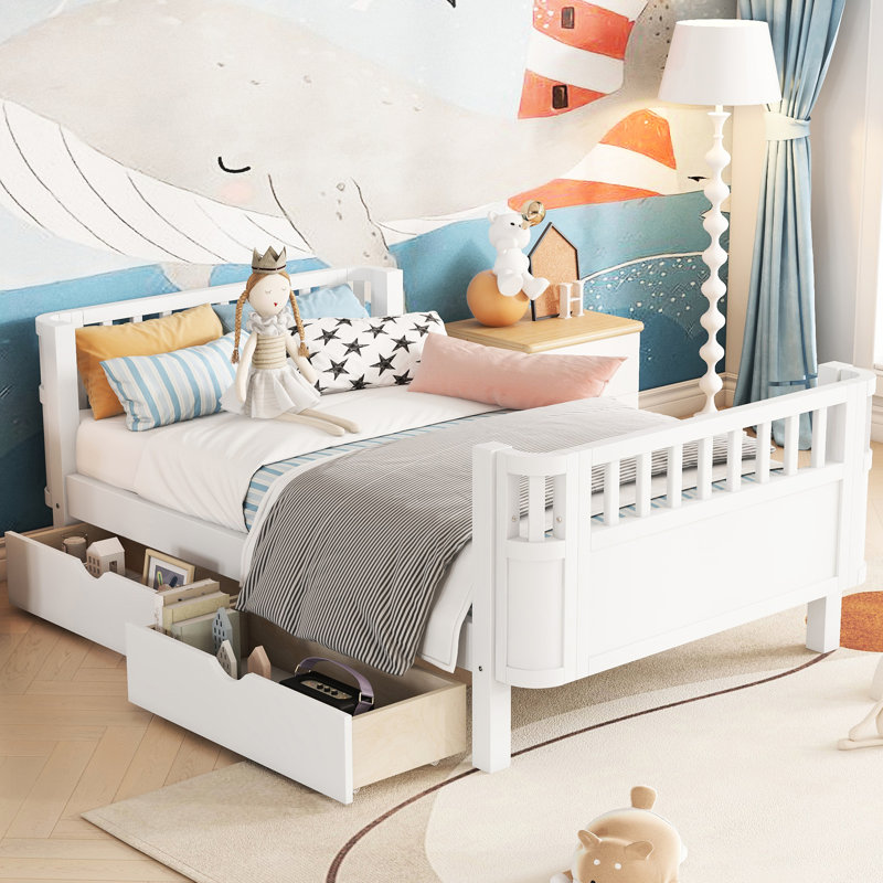 Lit simple blanc pour et, avec beaucoup de rangement, tête de lit à profil bas, une belle plateforme de sommeil, design, avec clôture à tiroirs de rangement, différents styles de pièces