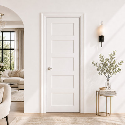 Interior Door Slab with Frame - 5 Panel Shaker Style White MDF Door, Prehung-Style Door Kit with Pre-installed Hinges, Locking Silver Handle Included, No Pre-drilled Holes
