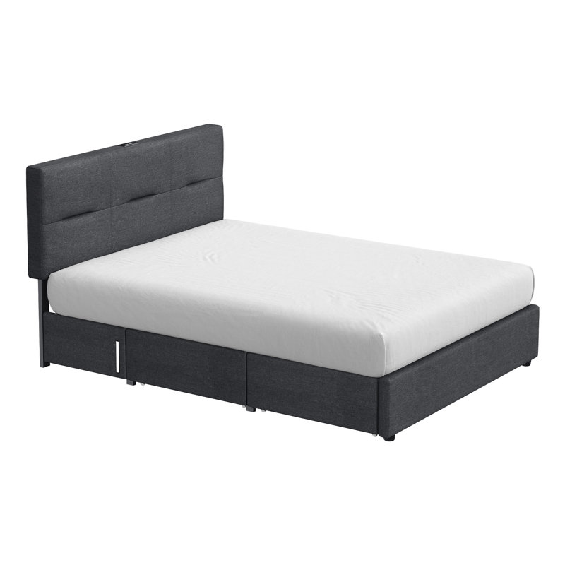 Base de lit tapissier avec tête de lit Fehi, 4 tiroirs de rangement, station de charge, veilleuses à capteur, Double