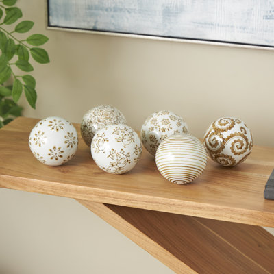 Cole And Grey Ceramic Handmade Glossy Decorative Ball Floral Orbs & Vase Filler With Brown Floral And Scroll Patterns