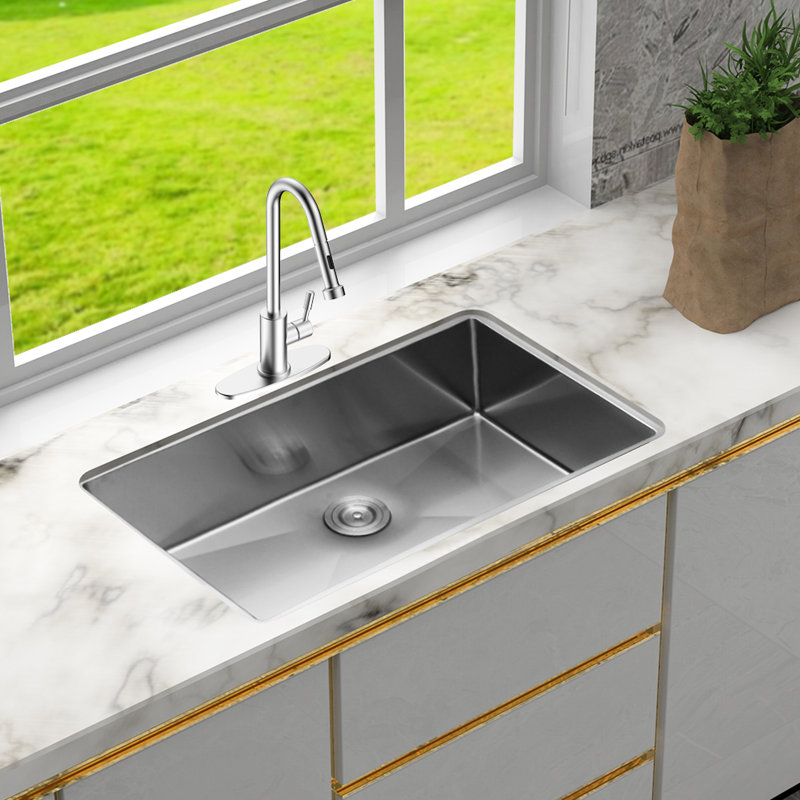30 Inch Undermount Stainless Steel Single Bowl Kitchen Sink 16 Gauge, 9 Deep, Drain Assembly, X - Shaped Water Passage, Condensation Coating, 3Mm Noise Reducing Pad Gauge Sink, With Guide System,