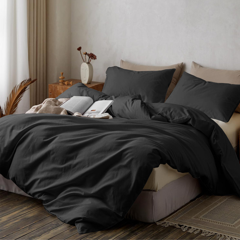 My Home Store Fridi Microfiber Reversible Duvet Cover Set , King Duvet Cover + 2 Standard Pillowcases, Black