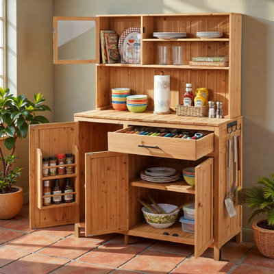 Potting Bench With Hutch, Large Countertop, Adjustable Shelves, Spice Rack, Side Hooks And Drawer