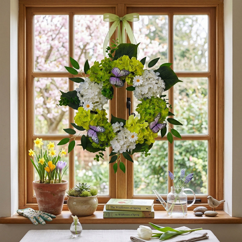Couronne d'hortensia d'été 17,7 po avec papillons pour décor toutes saisons