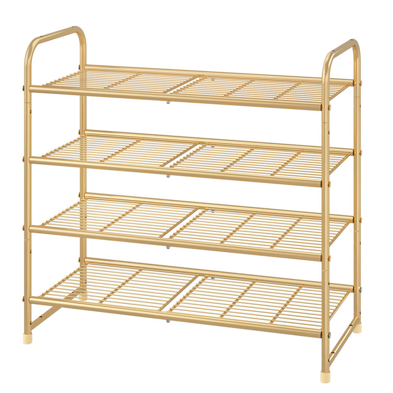 4 Tier Stackable Shoe Rack, Metal Wire Grid, Shoe Organizer Storage Shelf, Gold