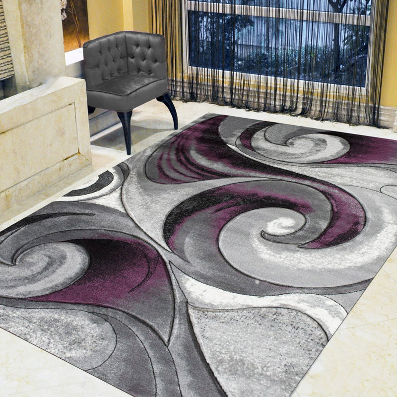 Tapis mauve / gris à motif abstrait Aftan, Rectangle de 7 pi x 10 pi 5 po