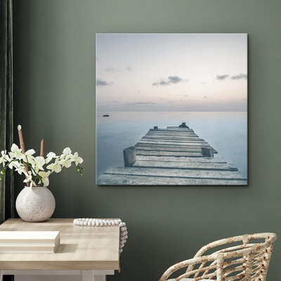 «Coastal Beach Wooden Beach Pier Pastel Sunset Ocean Horizon Nature», reproduction sur toile