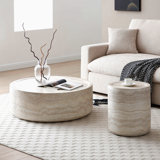 Set Of 2 Faux MARS Pattern Coffee Tables Side Table Round Tea Faux Travertine Textured  Table For Living Room, No Need Assembly.