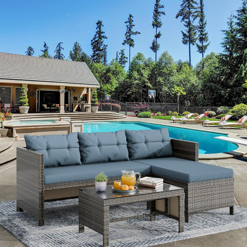 Casiyah 3 - Person Patio Conversation Set with Cushions, Grayish Blue/Taupe