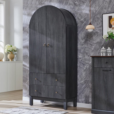 71" Tall Arched Pantry Cabinet, Fluted Kitchen Storage Cabinet with Adjustable Shelves and 2 Large Drawers