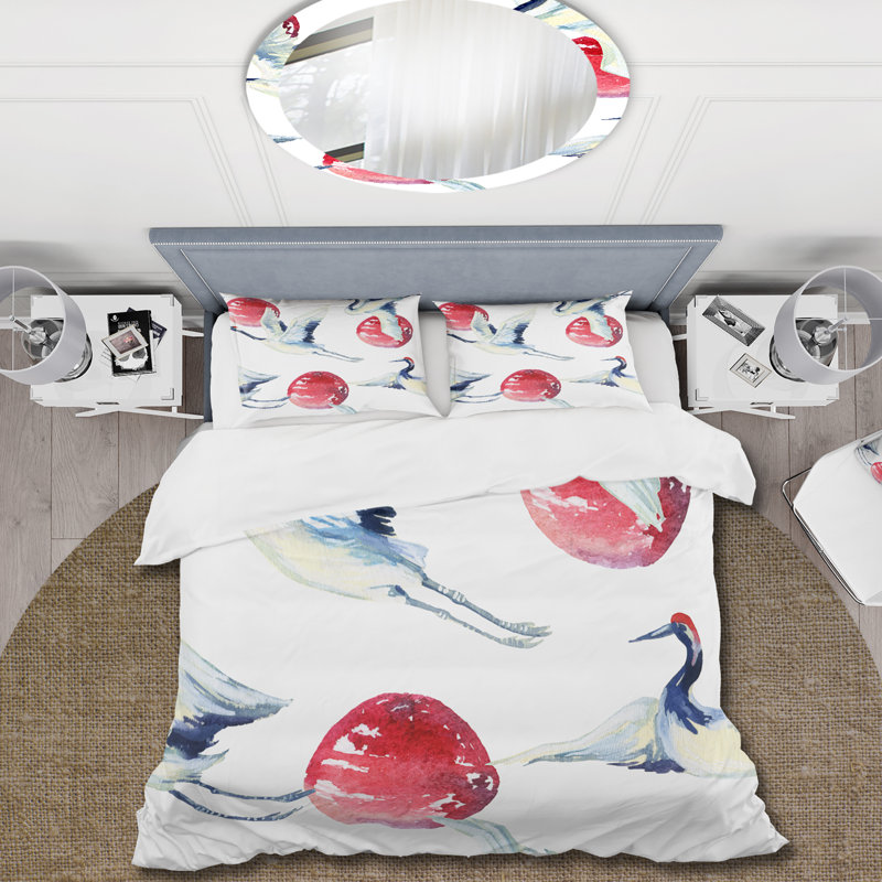 Asian Crane Bird With Red Full Moon - Ensemble de housse de couette traditionnel - Microfibre de polyester