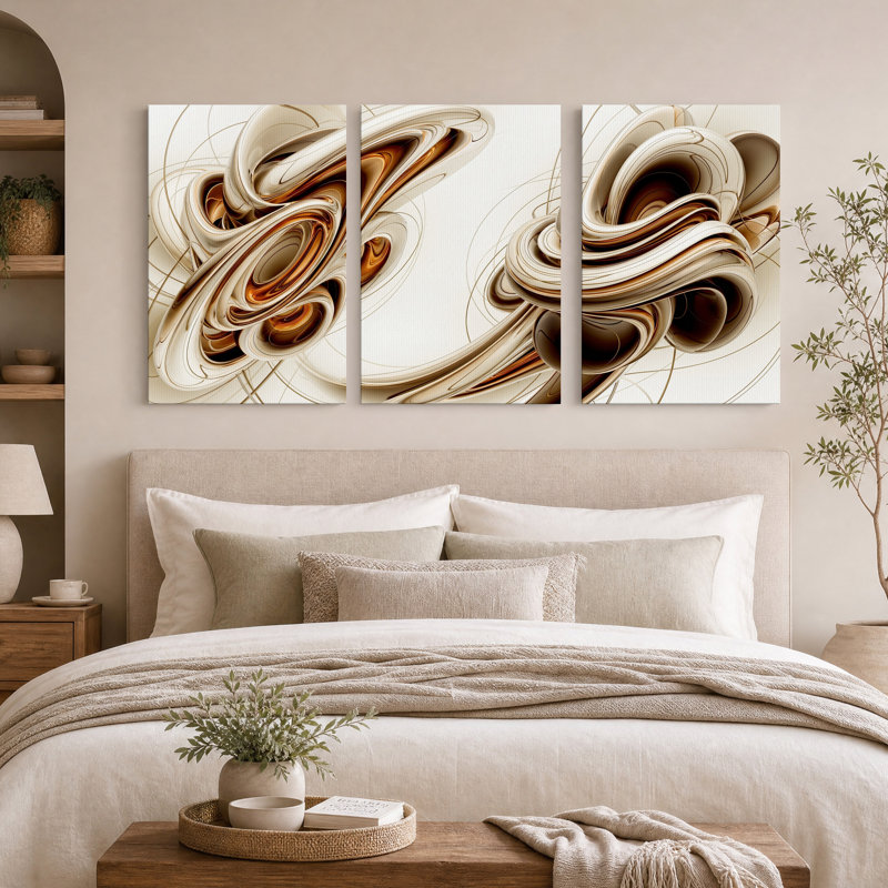 Ensemble de 3 toiles abstraites métalliques bronze et beige, 30"H x 20"W x 3pcs