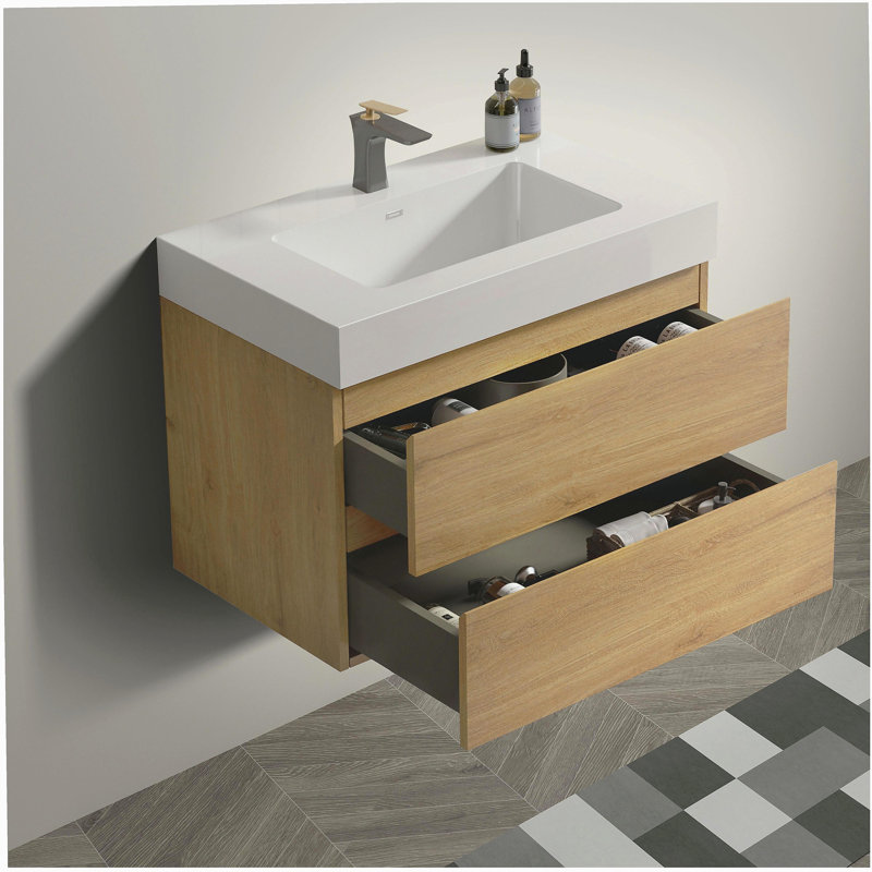 Armoire de salle de bain avec lavabo, grande armoire de salle de bain murale moderne pré-assemblée, Naturel, 30", Blanc