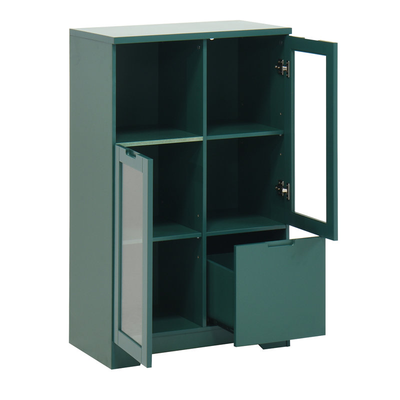 Green Mdf Painted Multipurpose Cabinet With Glass Doors, Drawer & Open Storage - For Bedroom & Living Room