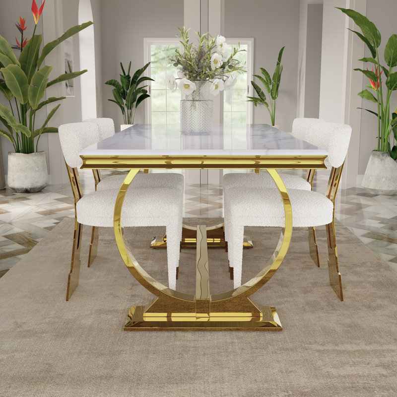 Ensemble de table de salle à manger 5 pièces avec 4 chaises, Blanc / or