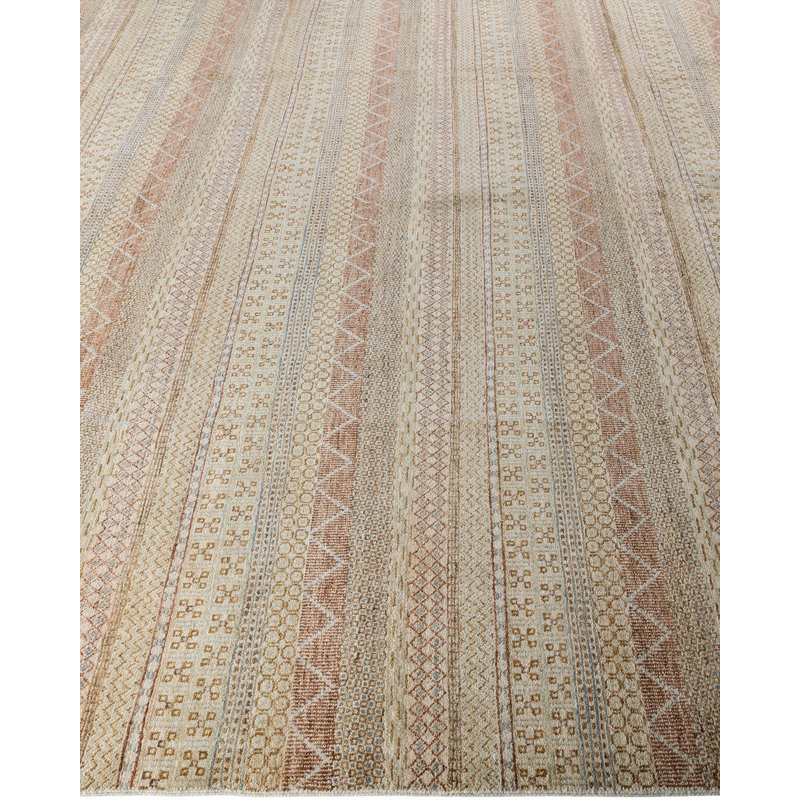 Beige and Light Brown Hand-Knotted Wool Geometric Area Rug, 9'3" x 12'3"