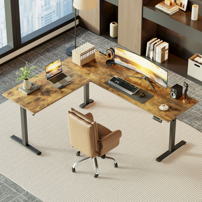 Bureau debout en forme de L, bureau de bureau électrique à hauteur réglable, grand bureau d'ordinateur ergonomique avec 3 boutons de mémoire, gestion des câbles, bureau d'angle pour les postes de travail à la maison et au bureau
