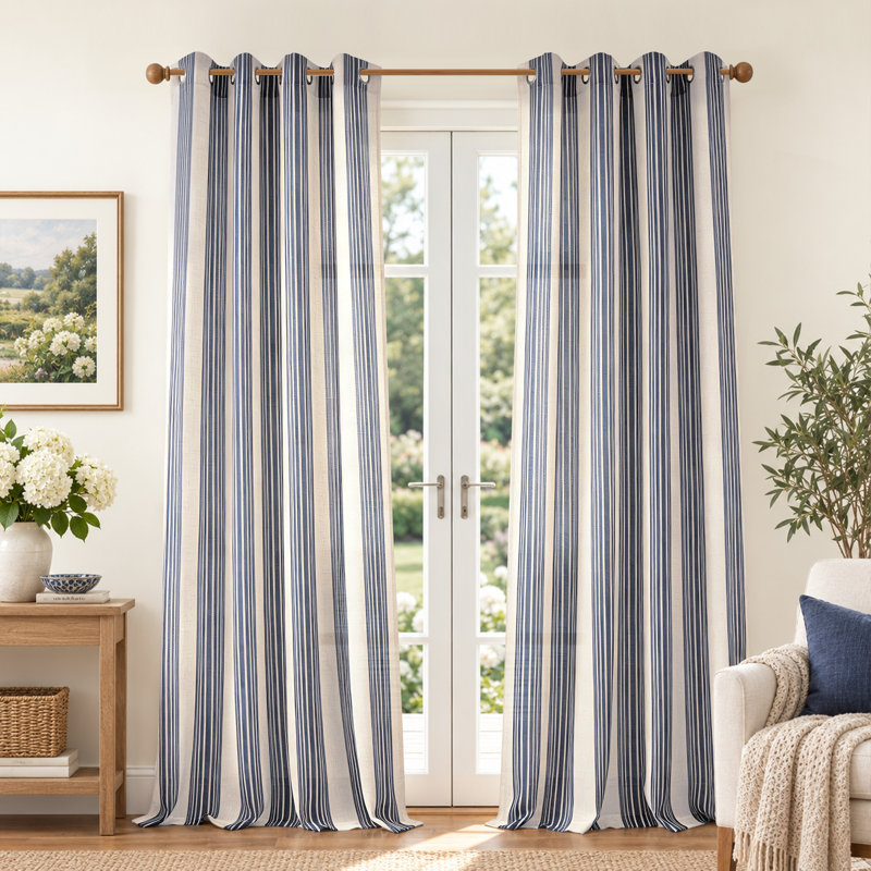 Rideaux semi-transparents en lin avec motif à rayures Chris, Bleu marine foncé, L 52 po x L 102 po